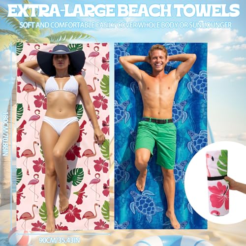 Beach Towels Set 2 Pack Oversized Microfiber Sand Free Quick Dry Towel Flamingo Turtle Print Large Lightweight Travel Pool Swim Yoga Camping Bath Blanket for Adults - color: Blue, Pink