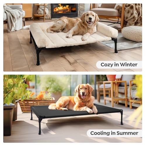 Veehoo Orthopedic Elevated Dog Bed with Fluffy Plush Bolster Cushion, Indoor Raised Dog Beds for Large Dogs, Soft Pet Sofa Cot with Removable Washable Mat, No-Slip Feet, 42 x 30 inches, Cream White - color: Cream White, size: 42.0"L x 30.0"W x 7.0"Th