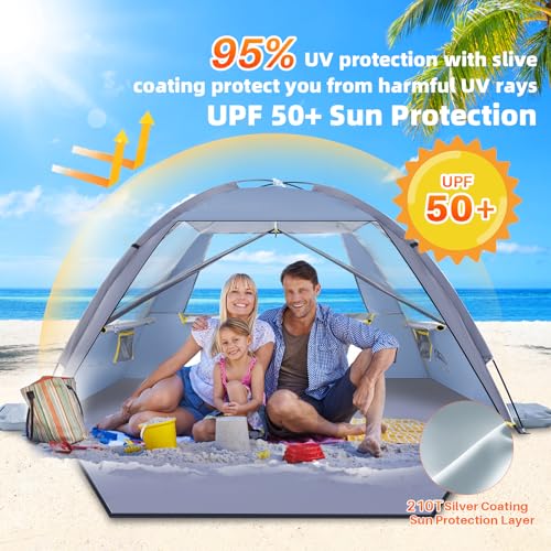Happy Travel Beach Tent Sun Shelter for 3/4/5/6/7/8 Person, Portable UPF 50+ UV Protection Beach Shade Canopy for Family & Baby, Lightweight & Easy Setup Beach Cabana with 3 Ventilation Mesh Windows - color: Airy Blue, size: 3 Person
