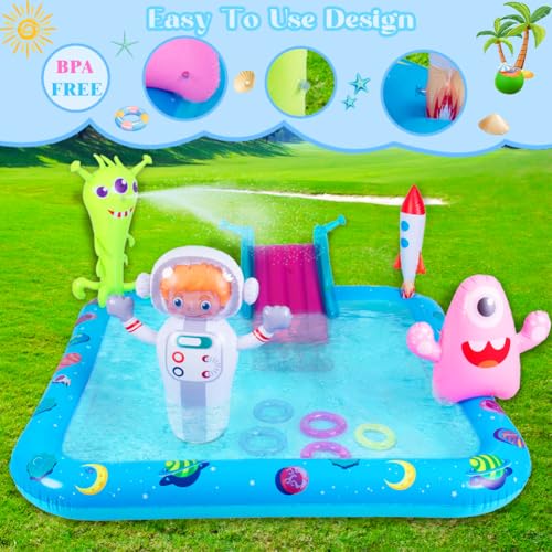 Inflatable Play Center Pool with Slide, Space Astronaut Square Kiddie Pool, 94.5" Square Outdoor Water Play Center with Sprinkler & Ring Toss for Summer Outdoor, Garden/Backyard Fun - size: 94.5"