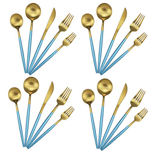 20-Piece 18/10 Stainless Steel Flatware Silverware, Luxury Dinnerware Set Travel Cutlery Tableware Include Knife Fork Spoon Service for 4, Dishwasher Safe (Blue Handle Matte Gold) - color: Blue Handle Gold, size: Service for 4