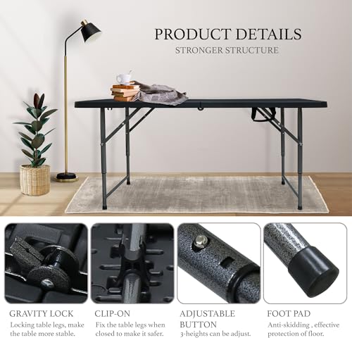 AJP Distributors 4 Foot Portable Plastic Folding Table 4FT 48" Half Foldable Heavy Duty Top w/Carry Handle - Indoor Outdoor Backyard Camping Picnic BBQ Party Wedding Dining Office Event Meeting Black - color: Black, size: 4 Foot