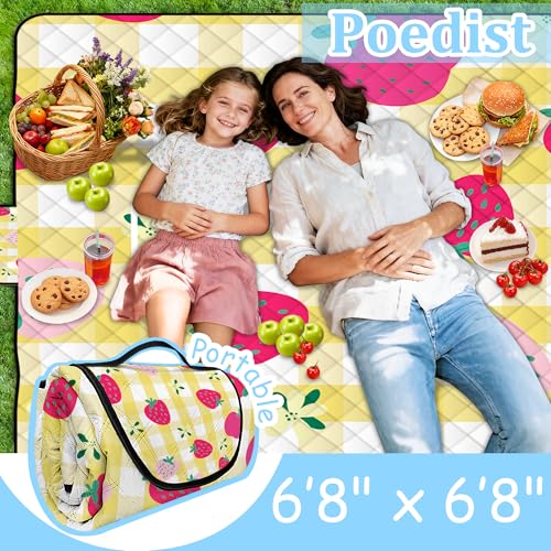 Extra Large Picnic Blanket Waterproof,80"x 80"Foldable Machine Washable Beach Blanket,Outdoor Blanket for 6-8 Adults,Picnic Mat Suitable for Indoor Crawling,Park Beach,Camping,Hiking,Travel（Yellow） - color: Yellow Strawberry, size: 6'8" x 6'8" (Square)