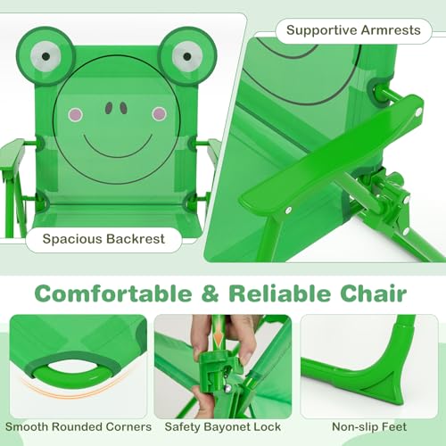 KOTEK Kids Picnic Table with Umbrella, Outdoor Table & 2 Folding Chairs, Cute Pattern Children’s Patio Furniture, Portable Kids Table and Chair Set for Backyard, Garden, Beach (Green) - color: Green Frog