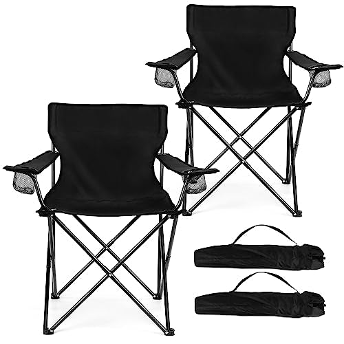 HaSteeL Foldable Camping Chair Set of 2, Folding Camp Chairs for Adults, Large Portable Lawn Chair for Outdoors Fishing, Hiking, Travel, Picnic, Beach, Supports 275lbs & Include Storage Bags (Black) - color: Black