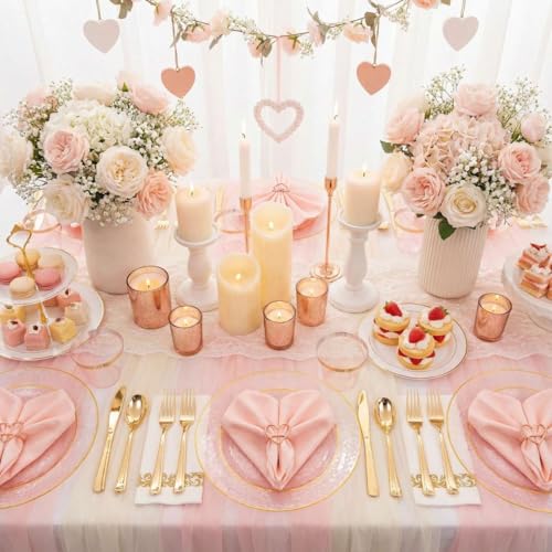 DaYammi 350 Pcs Clear Pink Plastic Plates, Hammered Disposable Dinnerware, Pink Plates Set Include 100 Plastic Platos, 150 Gold Disposable Silverware, 50 Cups And 50 Napkins for Mother's Day Party - color: Clear Pink, size: 350 Pcs