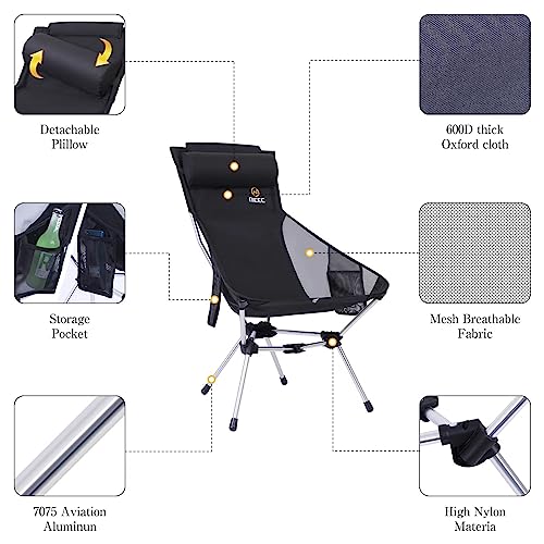 Nice C Ultralight High Back Folding Camping Chair, Collapsible Backpacking Chair, Compact & Heavy Duty Outdoor, Travel, Picnic, Festival with 2 Side Pockets, Pillow &Carry Bag (One Black)