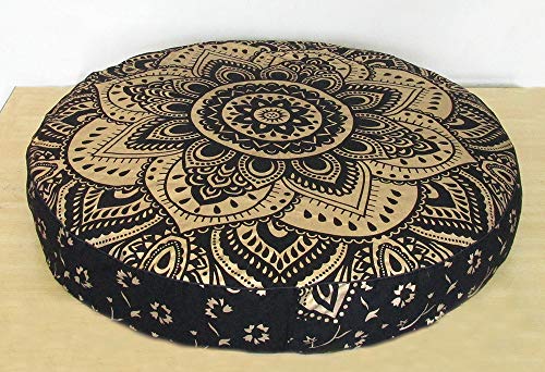 Large Hippie Mandala Round Floor Pillow Cover Ottoman Pouf Cover Daybed Cotton Cushion Cover with Heavy Duty Zipper Seating Ottoman Poufs Dog-Pets Bed 35" (Black Gold Flower, 35" Round) - color: Black Gold Flower, size: 35" x 35" (Pack of 1)
