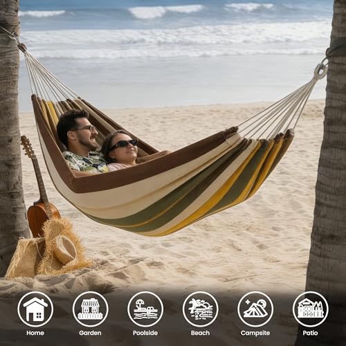 Lazy Daze Hammocks Double Brazilian Cotton Hammock, Extra Large Portable Outdoor Camping Hammock with Tree Straps & Travel Bag for Backyard Patio Poolside Indoor, 550lbs Capacity, Brown & Khaki - color: Brown & Khaki
