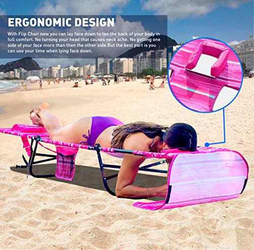 EasyGo Product FLIP Face Down Tanning Beach Chair Lounger with Face & Arm Holes - Polyester Material – Multiple Backrest Positions - Head Rest Pillow-Sand or Home Use - PATENTS Pending