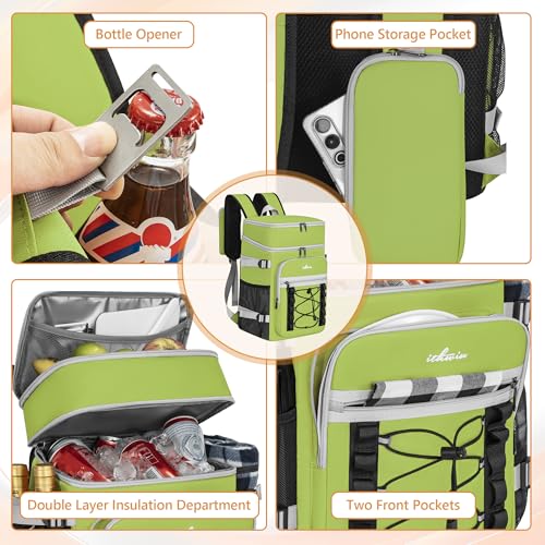 Cooler Backpack, 40 Cans Insulated Lunch Backpack Picnic Backpack for Men&Women, Durable Cooler Bag with 2 Leak Proof Compartments for Picnic, BBQ Camping, Lunch, Beach, Hiking, Green - color: Green