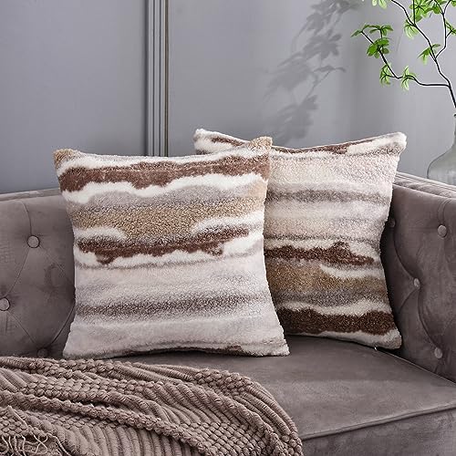 Decorative Throw Pillow Covers 20x20 Set of 2 Faux Fur Fluffy Plush Sherpa Fuzzy Cushion Cases Boho Modern Home Aesthetic Decor Winter for Couch Bed Bedroom Living Room Sofa,Beige Brown Coffee - color: Coffee, size: 20" x 20" (Pack of 2)