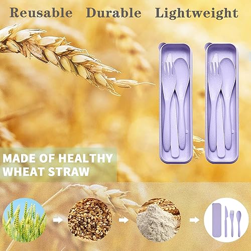 Reusable Travel Utensils Set with Case, 2 Sets Wheat Straw Portable Plastic Fork Spoons Knife Camping Cutlery, Eco-Friendly BPA Free Lunch Tableware for Adults Picnic Work or Daily Utensils (Purple) - color: Purple