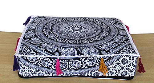 ICC Large Square Cotton Mandala Cushion Cover Hippie Ottoman Pouf Cover Daybed Floor Pillow Cover with Heavy Duty Zipper Seating Ottoman Poufs Dog-Pets Bed (Black & White Flower, 18" Square) - color: Black & White Flower, size: 18" x 18" (Pack of 1)