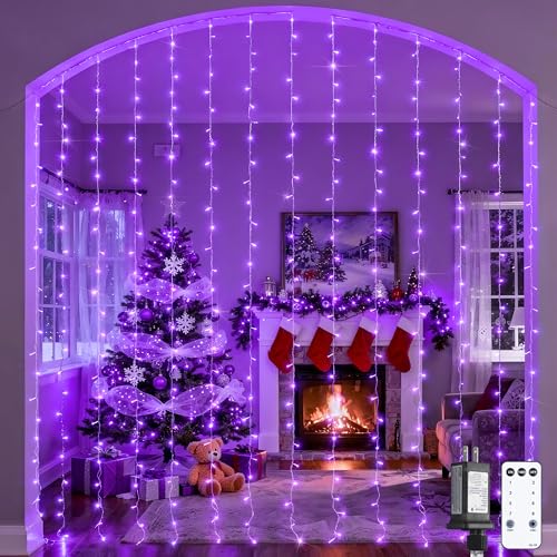 JMEXSUSS 300LED Purple Christmas Lights with Remote, Curtain Hanging Light Plug in, 8 Modes Purple String Lights for Bedroom Window Wall Party Backdrop Halloween Christmas Carnival Decorations - color: Purple, size: 300 LED