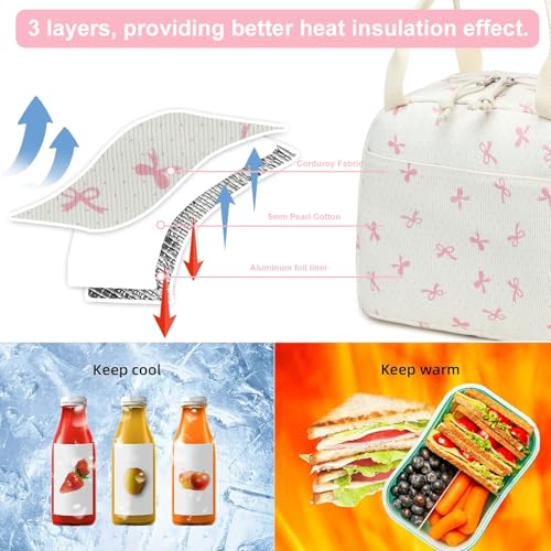 LEDAOU Lunch Box for Women Insulated Lunch Bag Corduroy Lunch Tote Bags Leakproof Cooler Lunch Case for Travel Work Picnic (Pink Bow) - color: A-pink bow
