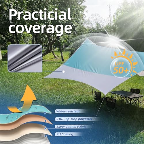12X14FT Camping Tarp with 2 Poles, UV UPF50+ Lightweight Car Awning Sun Shelter, PU3000 Waterproof Tarp for Camping, Hiking and Backpacking Trips - color: Light Green