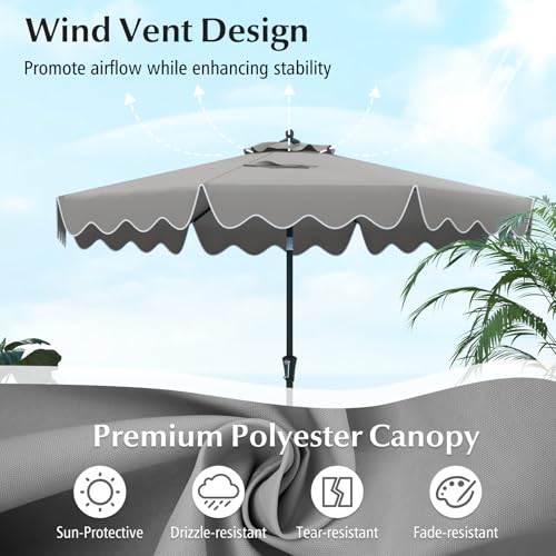Tangkula 9Ft Patio Umbrella with Crank, 2-Tier Outdoor Umbrella with Push Button Tilt, Sun-Protective Canopy, 8 Ribs, Scalloped Patio Umbrella for Outdoor Beach Deck Pool Table (Gray) - color: Gray, size: 9Ft