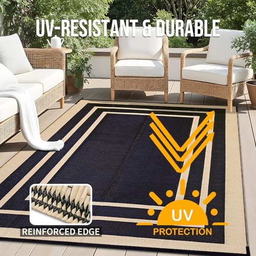 OLANLY Outdoor Rug 8x10 ft Waterproof, Reversible Outdoor Plastic Straw Rug, RV Mat, Indoor Outdoor Carpet Clearance for Patio, Camping, Balcony, Deck, Backyard, Black & Beige - color: Black & Beige, size: 8' X 10' (Rectangular)
