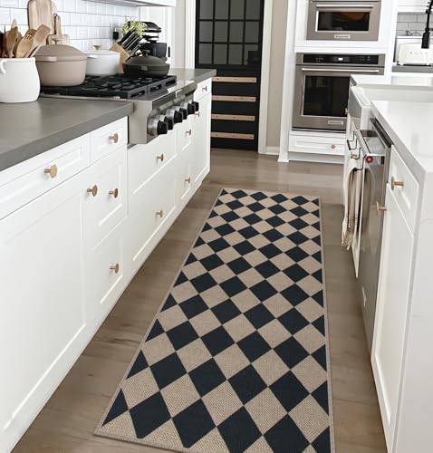 Rugalia Easy Jute Checkered Runner Rug, 2x6 Black Modern Washable Rugs Runner for Hallway Non-Slip Long Kitchen Rug, Geometric Diamond Indoor Outdoor Carpet for Porch Laundry Entryway - color: Black Checkered, size: 2' x 6' (Runner)