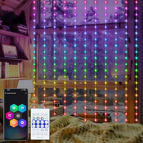echosari Smart Curtain Lights 6.6 x 9.8Ft 16 Million Colors Changing 300 LED Fairy Curtain Lights DIY Functions with Remote APP Hanging Light for Patio Bedroom Decor - color: Smart RGB, size: 9.8Ft x 9.8Ft