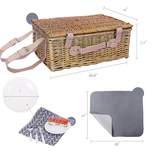 Neti Neti Wicker Picnic Basket for 4 with Insulated Cooler & Waterproof Blanket – Large Willow Picnic Hamper for Outdoor, Camping, Beach, Romantic Dates, Valentine’s Day - color: Gray Arrowheads