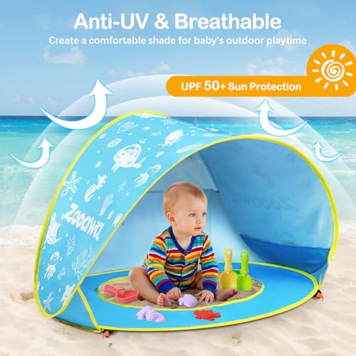 Baby Beach Tent, Pop Up Beach Tent Sun Shade for Beach, Portable Shade Pool UV Protection Sun Shelter for Infant with Beach Sand Toys Set - color: Patterned Blue