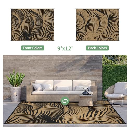GENIMO Outdoor Rug 9' x 12' Waterproof for Patio Clearance, Reversible Plastic Straw Camping Carpet, Lightweight Mats for Rv, Backyard, Deck, Porch, Picnic, Beach, Balcony, Black & Brown - color: A.black & Brown, size: 9' x 12' (Rectangular)