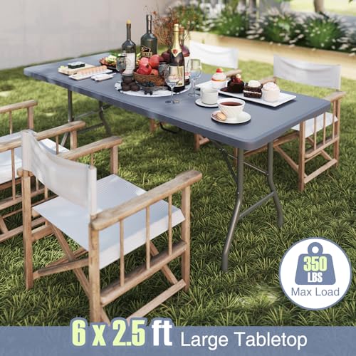 Goplus 6ft Plastic Folding Table, 350 LBS Outdoor Heavy Duty Folding Tables with HDPE Tabletop, Handle, Lock, Foldable Rectangle Portable Utility Card Table for Picnic, Party, Camping, Dining - color: Grey, size: 6 FT