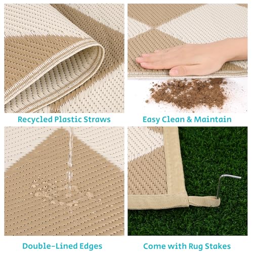 HEBE Checkered Outdoor Rug Waterproof 9x12, Reversible Plastic Straw Rug RV Camping Rug, Indoor Outdoor Patio Mat Clearance, Outside Carpet for Porch,Deck,Camper,Balcony,Backyard,Picnic - color: Beige/Brown, size: 9' x 12' (Rectangular)