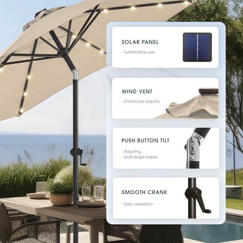 wikiwiki 9FT Solar Led Patio Umbrella with Base Included, 32 LED Lights, 8 Sturdy Ribs, Fade Resistant Waterproof POLYESTER DTY Canopy for Garden, Lawn, Deck, Backyard & Pool, Beige - color: Beige, size: 9FT