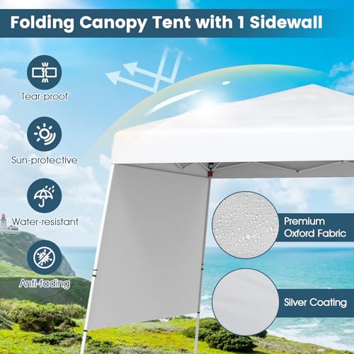 Tangkula 10x10 FT Pop Up Canopy with Sidewall, UPF 50+ Easy Setup Outdoor Tent with Backpack, 4 Stakes, Portable Heavy-Duty Canopy Tent for Party Events Camping Picnic, 10x10 Base, 8x8 Top - color: White, size: 10x10 Ft