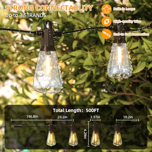 FOOMAN LED Outdoor String Lights, 500FT Outside Waterproof Hanging Patio Lights with 250+10 Shatterproof ST38 Edison Bulbs, 2700K Warm White, Dimmable Light for Back Yard Porch Party Gazebo Bistro - size: 500FT