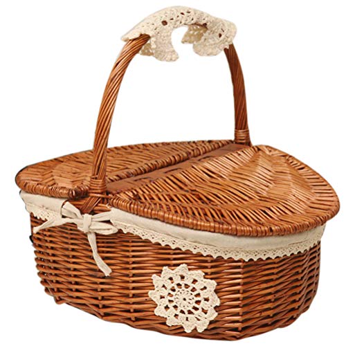 Walfront Traditional Brown Wicker + Linen Picnic Basket 26 * 18 * 16cm Handle Height 30cm with Insulated Lining and Cutlery Set