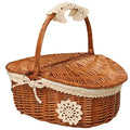 Walfront Traditional Brown Wicker + Linen Picnic Basket 26 * 18 * 16cm Handle Height 30cm with Insulated Lining and Cutlery Set