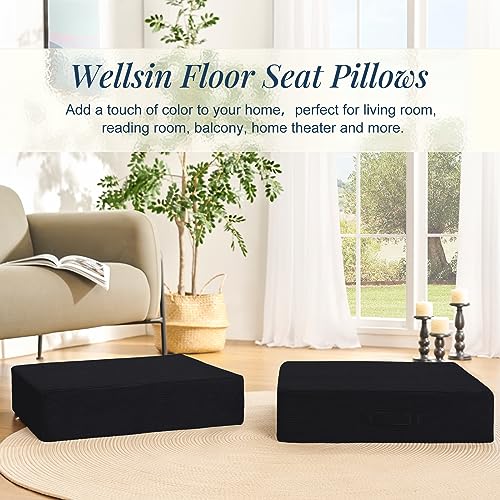 Wellsin Solid Square Floor Pillows for Adults Kids - Large Meditation Floor Pillow Seating Cushion with Thick Foam & Washable Velvet Cover, 2 Pack, 22x22x5 Inch, Black - color: Black, size: 2 Pack (22"x22")