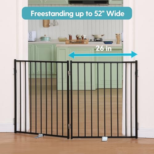 No Pawblems Free Standing Dog Gate, 30" Tall Foldable Dog Fence for Indoor, Up to 52 Inch Extra Wide Puppy Gate Extension for Stairs, Hallways, Doorways, Deck, Yard (Black, 2 Panels) - color: Black, size: Up to 52" W, 2 Panels