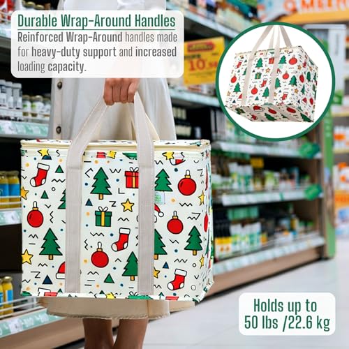 VENO 2 Pack Cooler Bag, Insulated Grocery Bags for Food Delivery, Collapsible Cooler, Reusable Shopping Bags for Groceries, Hard Bottom, Water Resistant, Zippered, Foldable (Jingle Mix, 2 Pack) - color: Jingle Mix, size: 15.7"W x 12.6"H x 8.7"D - 2 Pack