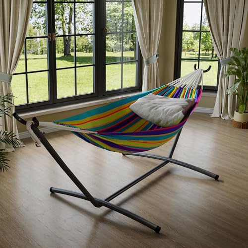 GarveeLife Double 2 Person Hammock, Indoor Outdoor Standing Hammock with Space Saving Steel Stand, Carry Bag, 450 LBS Weight Capacity, Suitable for Garden Camping Beach, Tropical - color: Tropical
