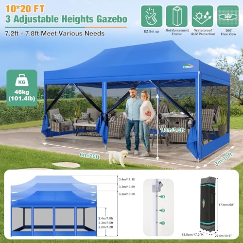 COBIZI 10x20 Canopy Tent, Heavy Duty Pop up Canopy with Sidewalls, Waterproof Easy Setup Canopy with Mosquito Netting, Outdoor Instant Screen Tents for Parties, Wedding with Roller Bag, Blue - color: Blue, size: 10x20FT