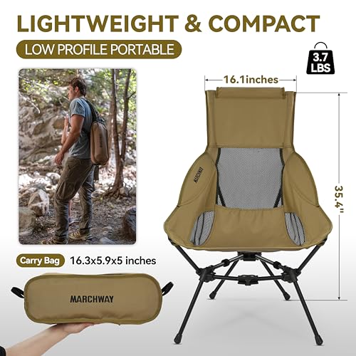 MARCHWAY Lightweight Folding High Back Camping Chair with Head Support, Stable Portable Compact for Outdoor Camp, Travel, Beach, Picnic, Festival, Hiking, Backpacking (Highback Khaki) - color: Highback Khaki