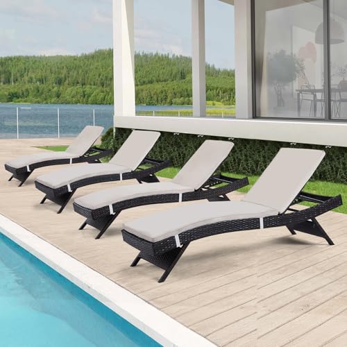 Outdoor Chaise Lounge Chairs Set of 4 with Detachable Cushions, Pool Sunbathing Recliners PE Rattan Patio Loungers Wicker for Outside Porch Backyard Poolside Deck Porch - color: 4 Chairs + 4 Cushions