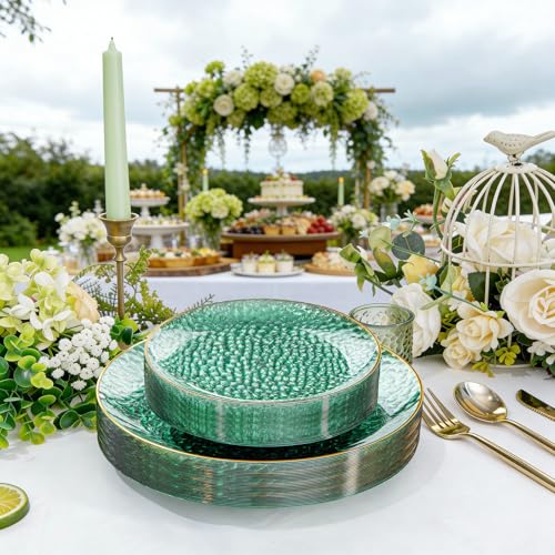 Rubtlamp 60 Green Plastic Plates, Hammered Clear and Gold Disposable Plates, Grenn Disposable Plates Include 30 Dessert Platos, 30 Dinner Platos for Party - color: Clear Green Gold
