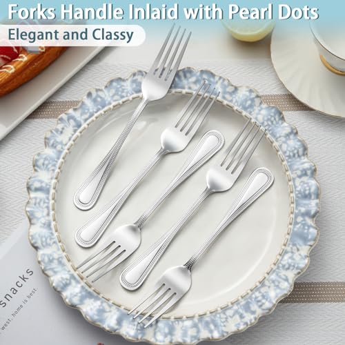 24-Piece Dinner Fork Set, 8-Inch Silverware, Stainless Steel, Elegant Pearl Dot Handle, Dishwasher Safe - color: Polished Silver