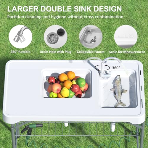 42.5" Fish Cleaning Table with Dual Sink, Portable Folding Camping Table with Faucet, Sprayer, Grid Rack, Hose Hook Up & Knife Groove, Outdoor Sink Station for Picnic Beach Patio - style: Fish cleaning table with dual sink