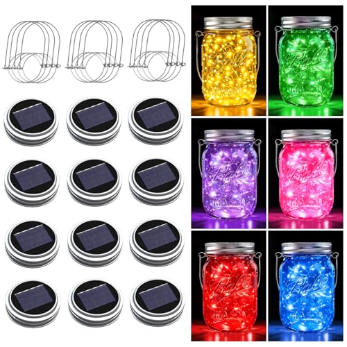 Mason Jar Solar Lights for Outside, 12 Pack 30LED Fairy Firefly Lights Mason Jar Solar Lids Outdoor Waterproof String Lights with Hangers(NO Jars) for Patio Garden Yard Lawn Decor(6 Colors) - color: 6 Mixed Colors
