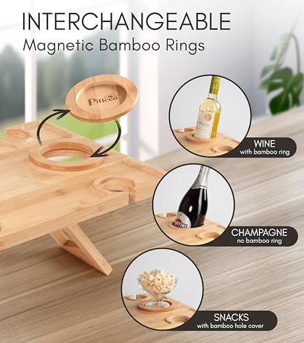 Outdoor Wine Picnic Table, Wooden Folding Picnic Table with Glass Holder, Bamboo Wine Glass Snack Tray for Indoor & Outdoor Use, Includes Picnic Mat & Tote Bag