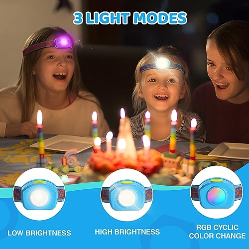 EverBrite LED Headlamp Rechargeable Kids Headlamp with RGB Mode and Adjustable Headband, 3 Modes Multicolor Headlamp for Kids, Bright Kids Head Lamp for Camping, Reading, Exploring, Hiking, Birthday - color: Azure