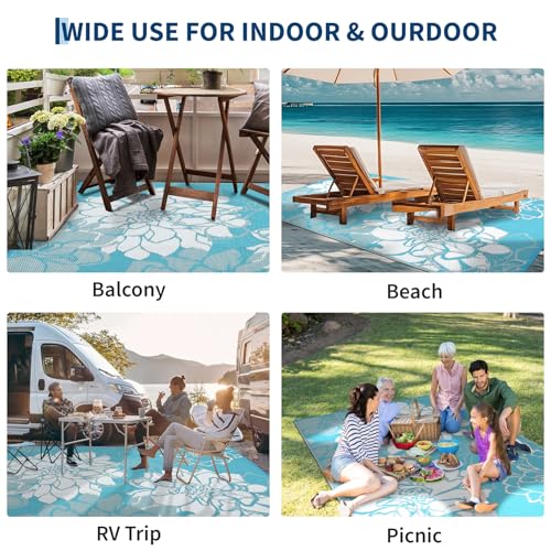 GarveeHome Large Outdoor Straw Plastic Rug 9x18 Waterproof Reversible Mat Floral Botanical Big Camping Rugs Patio Rug Deck Outdoor Mat with 4 Stakes & Portable Bag for Balcony Pool RV, Blue - color: Floral|light Blue, size: 9' x 18' (Rectangular)
