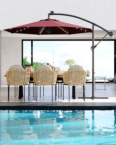 Jojoka 10FT Cantilever Patio Umbrella with Solar LED Lights - Offset Outdoor Umbrella - Easy Lift & Tilt - UV Protection - Fade Resistant - Ideal for Deck, Pool, Garden - color: Wine Red